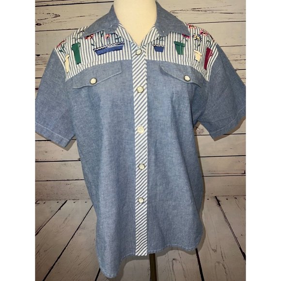 TEDDI Vintage Shirt SMALL Denim Chambray button front short sleeve Garden Flower - Picture 1 of 7